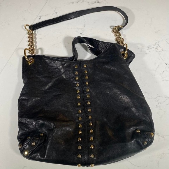 Michael Kors Black Studded Leather Shoulder Bag – Gold Chain Strap Slouchy Tote - Picture 3 of 7